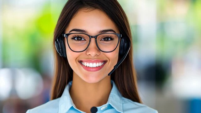 Smiling Support: A portrait of a woman, radiating professionalism and warmth, dons a headset, offering her expertise and care. She's the embodiment of helpfulness and dedicated support.