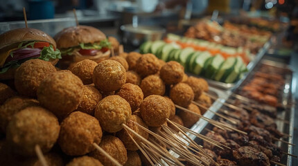 Street Food Market with Fried Balls and Burgers Displayed