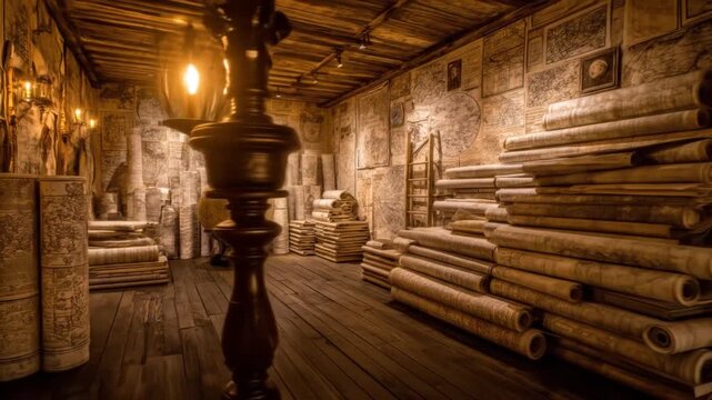 A dimly lit room filled with maps, globes, and books. Illuminated by candle light, with a lantern in the foreground