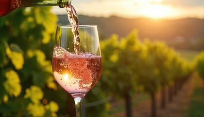Obraz premium Rose wine pours into glass, green vineyard rows, sunny hills in background. Sunset light hits beverage, creating bubbles and reflections. Relaxing outdoor scene.