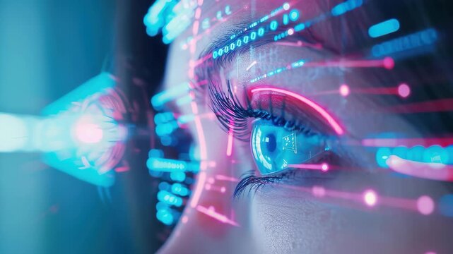 Digital Eye: An eye is enhanced with digital lines, symbolizing data streams, and the cutting edge of technological advancements and visionary concepts. 