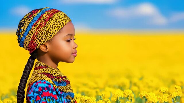 The Girl in the Field of Blooms: An African girl with braided hair and colorful ethnic attire stands serenely in a radiant field of yellow flowers, her gaze directed towards the bright blue sky above.