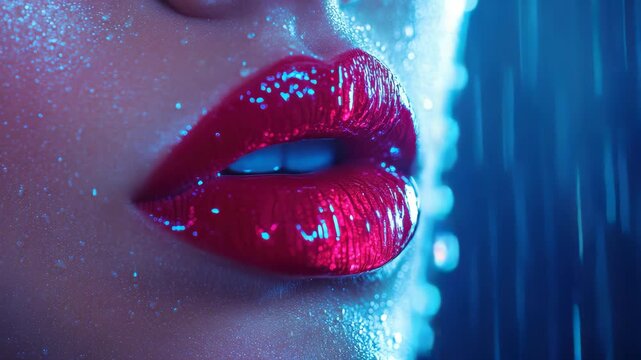 Crimson Kiss: A close-up shot of radiant lips, painted in a vibrant shade of crimson, glistening with an alluring moist sheen under cascading droplets.