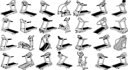 Monochrome line art collection of various gym and fitness exercise equipment, featuring numerous treadmills, elliptical trainers, and stationary bikes for home or commercial use.