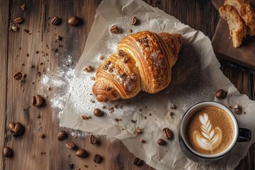 Top-down view of freshly baked croissants on parchment paper, sprinkled with powdered sugar and coffee cup.