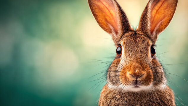 A close-up, eye-level portrait of a wild brown rabbit with prominent ears and dark eyes, centered against a soft, bright green and yellow bokeh background.