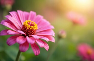 Obraz premium Close-up of a pink zinnia flower with a yellow center. Its petals are soft and delicate, bathed in warm sunlight. Other flowers and buds are blurred in the background, creating a gentle focus effect.