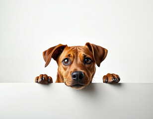 Brown dog peeks over white surface with paws resting on edge. Curious puppy with big eyes looks directly at camera, isolated on plain background.