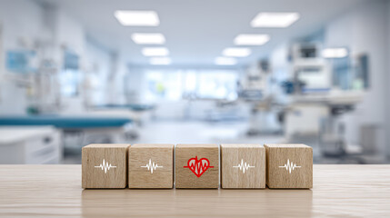 Health care concept with wooden blocks showing heart and heartbeat icons symbolizing medical service, diagnosis and wellbeing in modern bright hospital interior