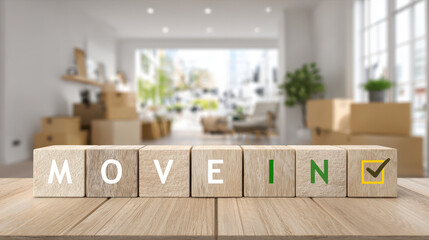 Real estate and moving concept with wooden blocks forming the words MOVE IN and check mark symbolizing new home ownership, relocation and lifestyle change in modern bright apartment interior