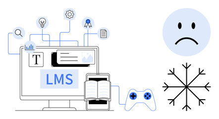 E-learning concept. E-learning tools include LMS platform, open book, and gaming controller. E-learning connects education, digital tools, and emotional engagement. For online education
