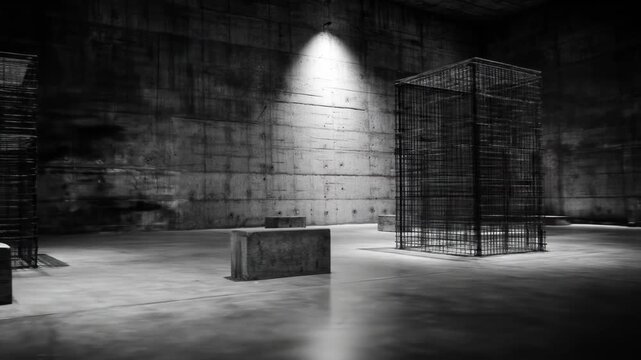 A grayscale interior of a concrete structure, with wire mesh sculptures and cube-shaped seating