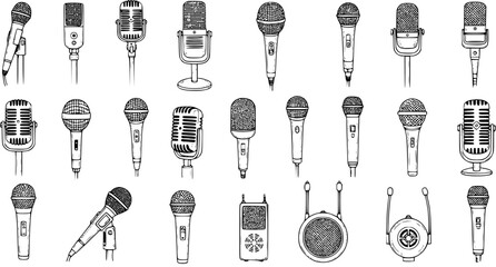 Hand drawn set of various microphones: vintage, modern, studio, handheld, and portable audio recording devices. Sketch collection for sound, music, podcast, and communication.