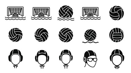Collection of black line icons depicting water polo balls, goals, and players' heads with swim gear on a white background.