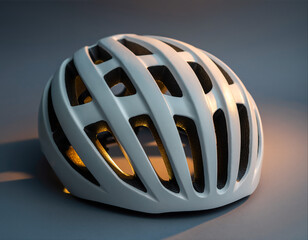 White bicycle helmet rests on a flat gray surface with interesting light showing the helmet's safety features