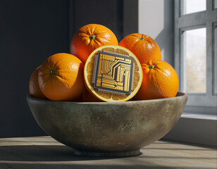 Oranges and a circuit board segment in a rustic bowl on a wooden table near a window, afternoon