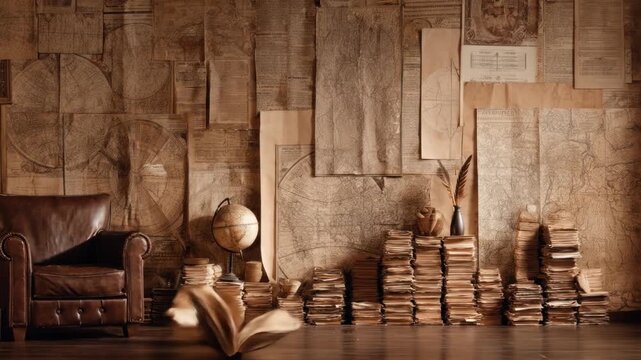 An aged room interior with vintage maps on wall, leather armchair, globe, stacked books, and decor