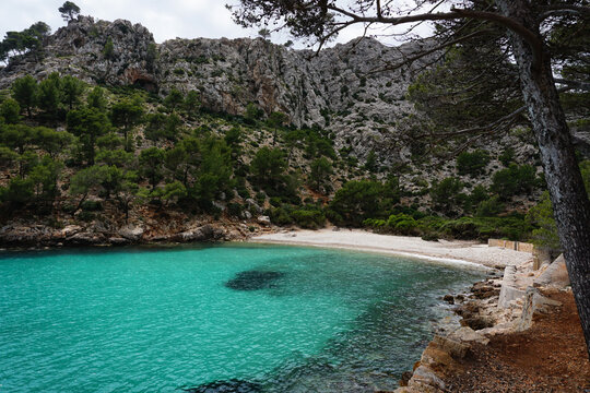 Cala Murta beach with turquoise water and cliffs, Mallorca 