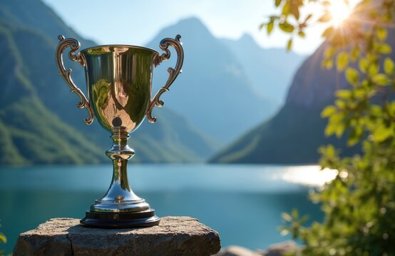 Silver trophy rests on stone ledge near calm blue lake surrounded by grand misty mountains. Sun shines brightly through green leaves creating warm lens flare.