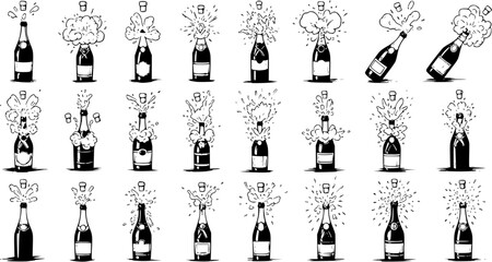 Detailed collection of hand-drawn champagne bottle illustrations, featuring popping corks, effervescent fizz, and festive bubbles, perfect for celebrations and New Year's Eve designs. © pixsource