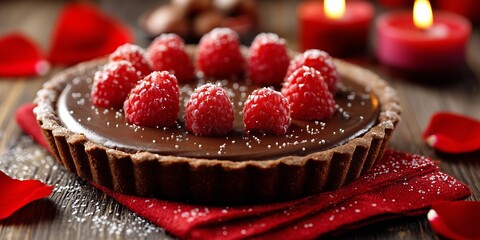 A chocolate tart with raspberries and tiny sugar hearts, laid on red linen and scattered rose petals. Soft blurred candles glow behind the romantic dessert.