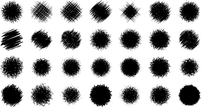 Set of Black Scribble Circles and Abstract Grunge Textures. Hand-Drawn Ink Brush Stroke Dots for Design Elements, Frames, and Backgrounds. Vector Illustration.