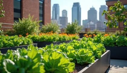 Urban rooftop garden with rows of green lettuce and orange marigolds. City skyscrapers rise in background. Sustainable agriculture project in urban setting.