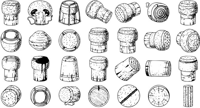 Vintage Hand Drawn Wine Corks and Mushroom Collection. Engraved Style Sketch Set of Bottle Stoppers in Various Shapes and Views for Wine and Champagne.