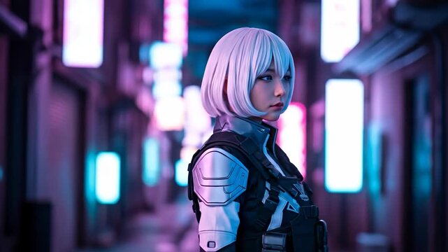 Cosplayer Poses in Futuristic Cyberpunk City with Neon Lights.
