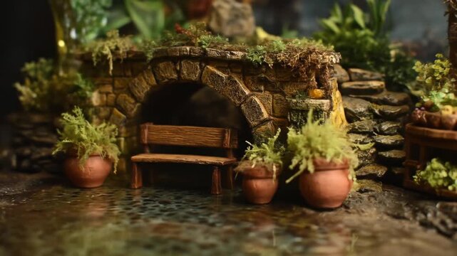 Miniature diorama of a stone archway with a bench, surrounded by plants in terra cotta pots