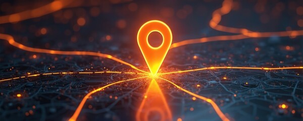 Bright glowing map marker pinpoints exact location on digital city map. Orange lines show navigation routes across dark background. Represents global positioning system and wayfinding.