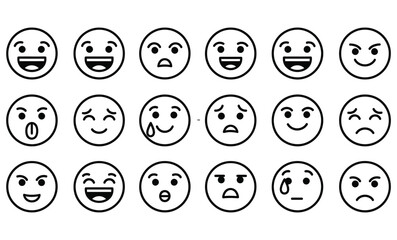 Collection of black and white line art emojis depicting different human emotions