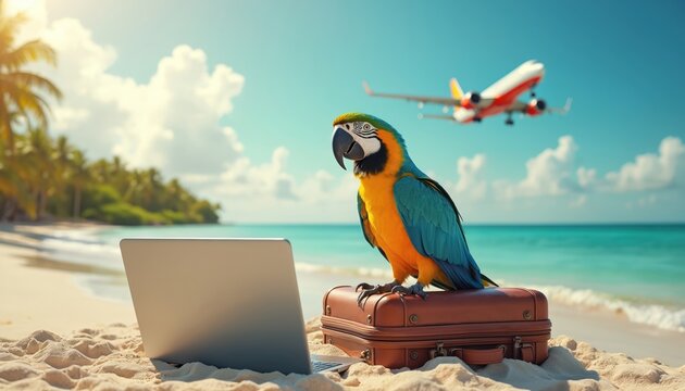 Blue and yellow macaw sits on suitcase with laptop on tropical beach. Airplane flies in sky. Bird plans trip to exotic vacation destination. Ideas for travel.