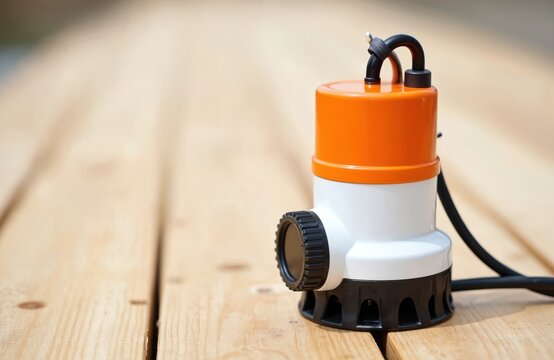 Compact submersible pump with orange top sits on wooden surface. Electric device for draining water, bilge maintenance, boat safety. Portable tool for flood control, utility use.
