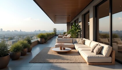Fototapeta premium Spacious modern balcony with panoramic city views offers comfortable sofa lounge area with potted plants. Outdoor living space features minimalist furniture and beige rug. Sunny day over cityscape.