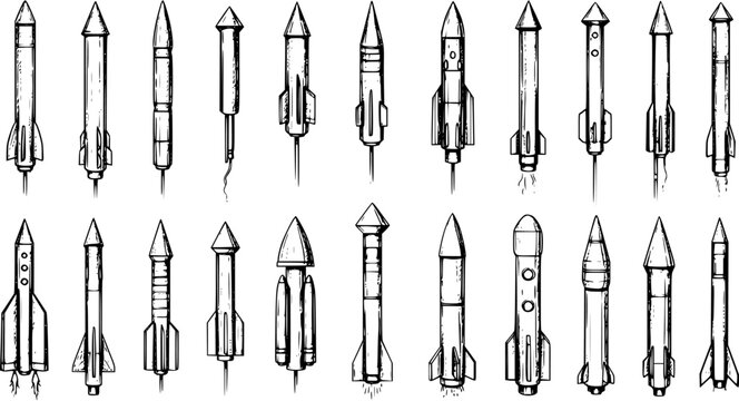 Detailed Hand-Drawn Rocket  Missile Illustrations Set. Collection of Vintage Sketch-Style Spacecraft, War Weaponry, and Sci-Fi Designs for Technology Concepts.