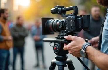 Film crew operates professional movie camera on tripod, capturing scene. People gather behind operator, crew prepares for shoot. Movie making production in progress.