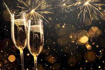 Champagne glasses with fireworks celebration