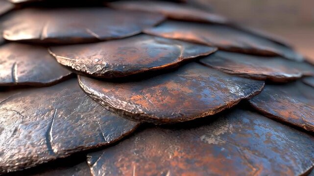 Rustic Copper Scales: A close-up view unveils the intricate detail of weathered copper scales, displaying a captivating interplay of texture and tonal variations, reminiscent of an ancient artifact.
