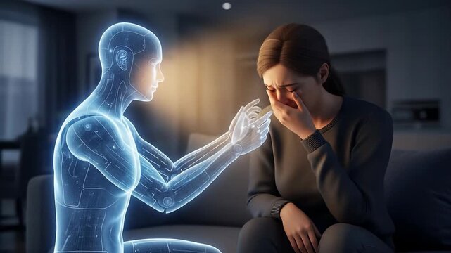 Humanoid Robot Comforting a Woman in a Modern Living Room Setting