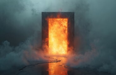 Rectangular portal emits bright fire and smoke. Abstract concept shows dark frame with burning flames and haze. Surreal scene with bright orange inferno inside gate.