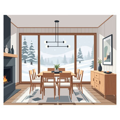Obraz premium Cozy modern dining room with large window overlooking snowy winter landscape during daytime