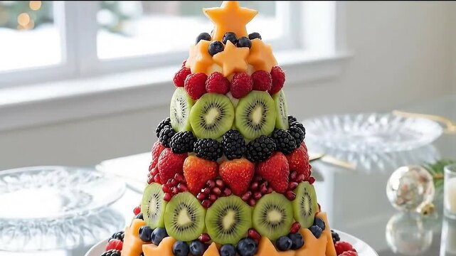 Minimalist Holiday Fruit Tree Centerpiece on Modern Glass Dining Table