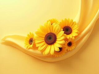 Bright sunflowers on soft fabric create cheerful scene