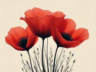 Vibrant red poppy flowers with delicate petals and green stems