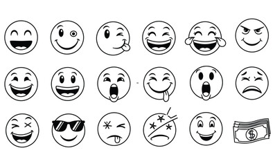 A collection of black and white line art emoji faces displaying various emotions