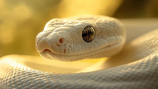 Albino Snake Portrait: A captivating portrait of an albino snake, its pristine white scales reflecting the soft light. The snake's intricate texture and piercing gaze creates a feeling of wonder. 