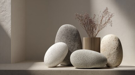 A serene composition showcases smooth, textured stones in varying shapes and sizes, complemented by dried foliage in a wooden vessel. Subtle shadows accentuate the natural forms