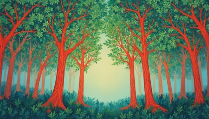 Fototapeta premium Vibrant forest scene with red tree trunks and green foliage. Sunlight filters through canopy creating misty glow. Rich undergrowth covers ground. Stylized illustration depicts nature.