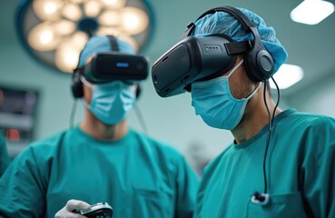 Surgeons in VR headset perform surgery. Doctors use digital tech and controllers in operating room. Future medicine innovations enhance medical procedures for better patient outcomes.